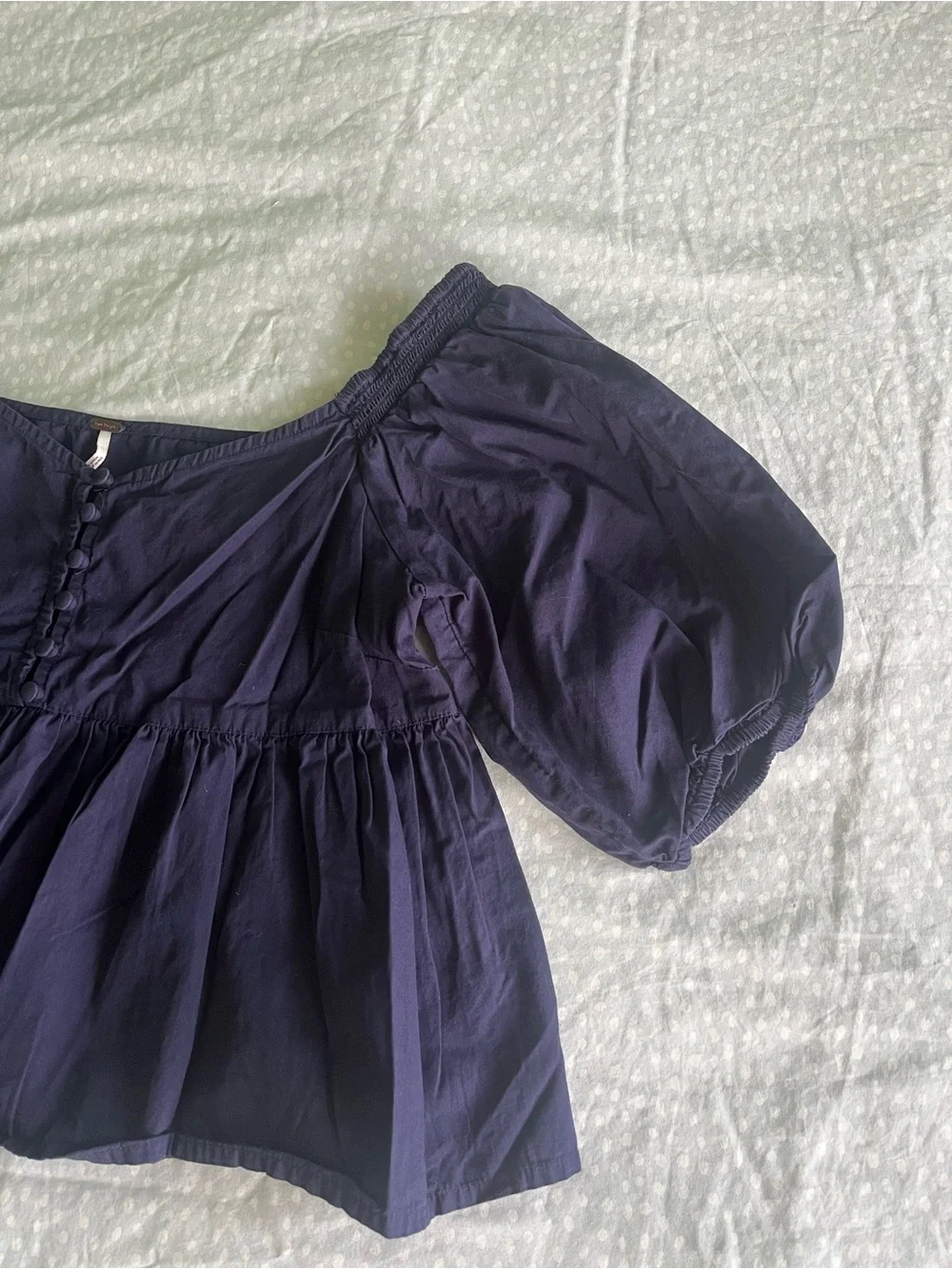 Free People Indigo Puff Sleeve Off Shoulder Crop Babydoll Blouse, size S
